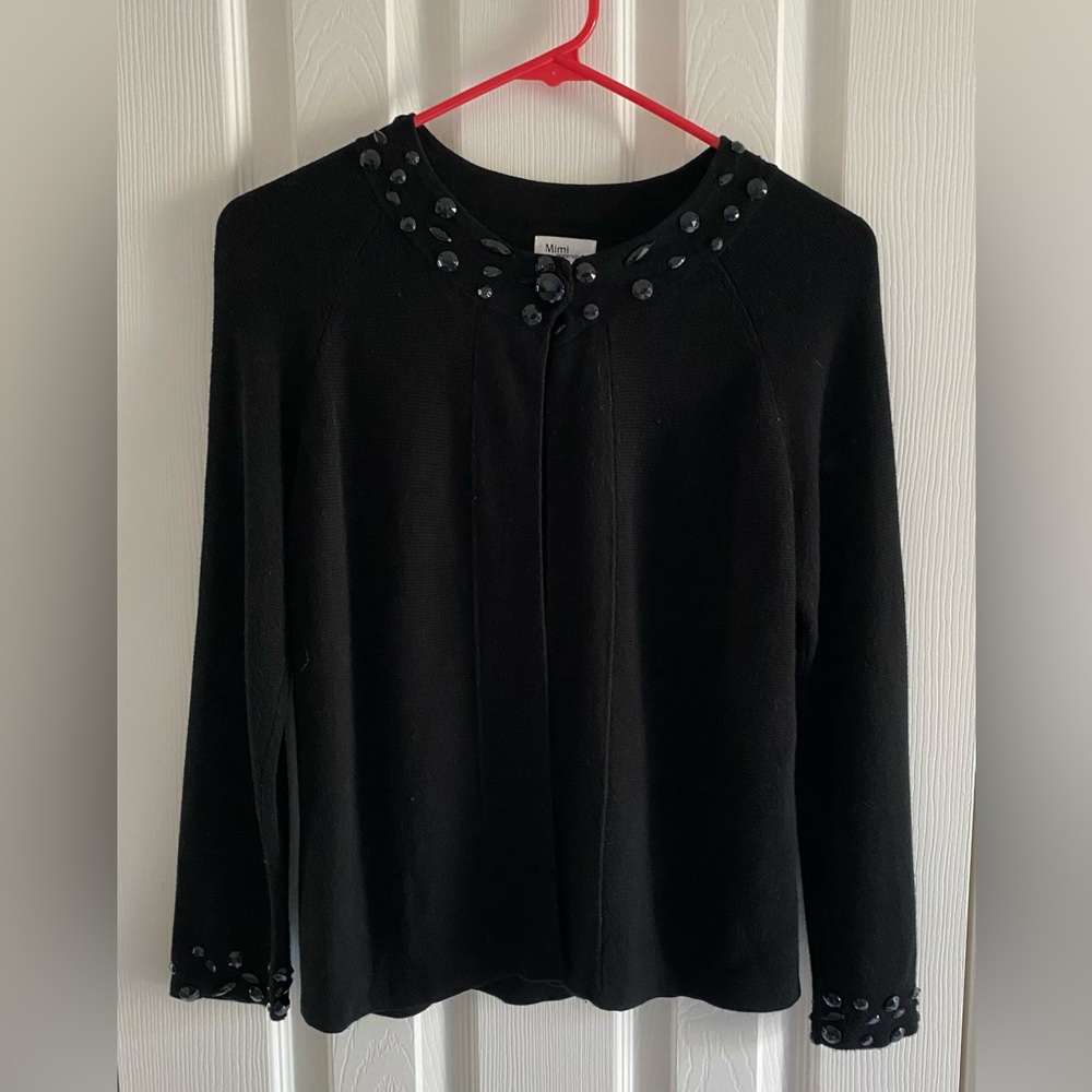 Mimi Maternity Sweater, Cardigan Sz Large 3/4  Sleeved Black W/ Beaded Collar